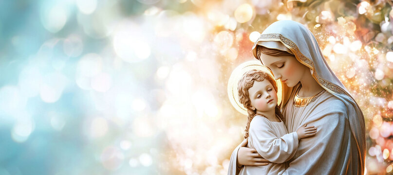 portrait of a Virgin Mary and baby Jesus.  Abstract light background, with copy space for text. For christmas, easter, banner, design, Virgin Mary mother of Jesus