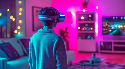 Obraz premium A young person enjoying a virtual reality experience in a vibrant, colorful room. The scene showcases modern technology and comfortable home decor. Immersive and engaging fun awaits. AI