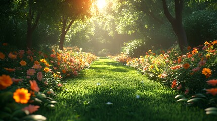 Obraz premium Lush green grass path winding through a vibrant flower garden illuminated by warm afternoon sunlight.