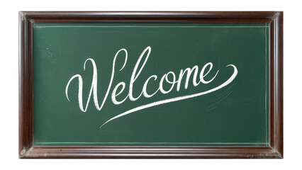 Fototapeta premium Welcome sign written in chalk on a chalkboard, for the first day of school, for first graders, beginning of the school year, PNG, transparent background, isolated