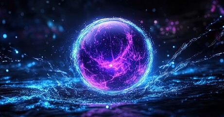 Obraz premium Abstract futuristic glowing neon purple-blue sphere with particles and energy, dark background.