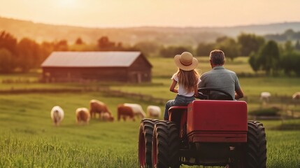 Obraz premium A farmer and his daughter ride a red tractor, symbolizing their bond and farming tradition.