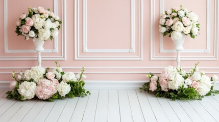 A stunning backdrop adorned with pastel floral arrangements, ideal for enhancing a wedding ceremony setting with an empty floor ready for decoration