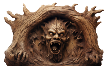 Close-up photo of wood carving, isolated on white background.