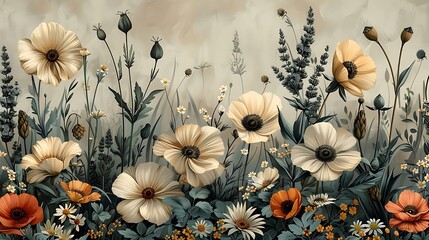 Seamless wallpaper design of vintage botanical illustrations featuring wildflowers like daisies, poppies, and lavender, set against a soft, muted pastel background, intricate details, gentle shadows,