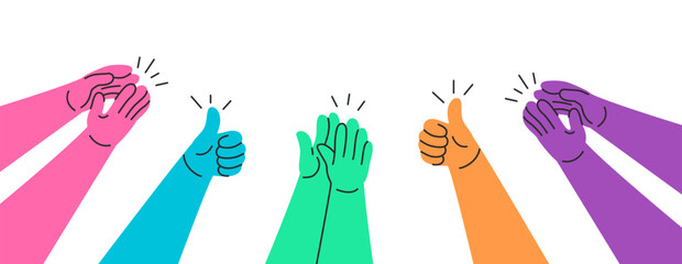 Clapping hands. Colorful doodle hands clapping and giving thumbs up, appreciation and approval concept. Applause claps for celebration of success hand drawn vector illustration.