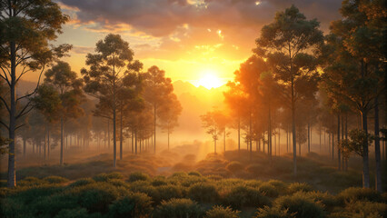 Naklejka premium Panoramic forest sunset sky of clouds with beautiful tones on nature