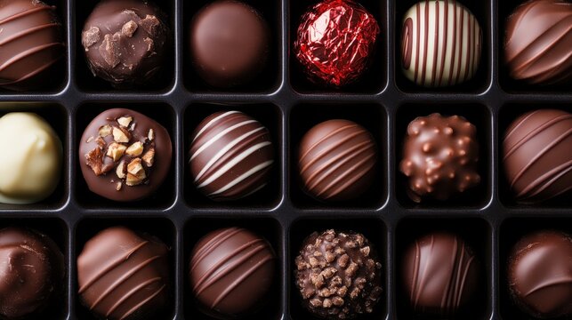 A box full of gourmet chocolate truffles, each with distinctive shapes, textures, and decorations, neatly arranged to appeal to chocoholics and gourmet dessert enthusiasts.