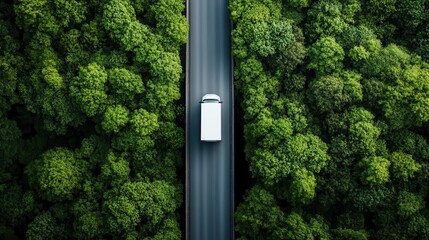 A picturesque view of a white truck navigating a road flanked by dense green forest, illustrating the harmony between technology and nature from an aerial perspective.