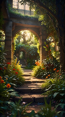 Fototapeta premium Serene Outdoor Sanctuary with Vibrant Greenery and Natural Beauty
