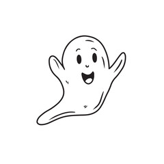 Cute nice smiling ghost spook in black isolated on white background. Hand drawn vector sketch illustration in doodle engraved vintage line art style. Happy Halloween symbol, horror.