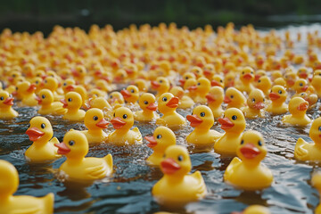 A Sea of Yellow Rubber Ducks - A vibrant image of a large gathering of yellow rubber ducks floating on water, symbolizing unity, childhood joy, and the power of simple pleasures.