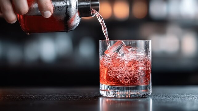 A hand holding a cocktail shaker while pouring a red beverage into a glass with ice cubes on a sleek surface, capturing the craft of mixology and the allure of cocktails.