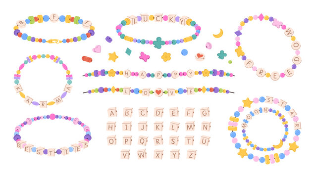 Kid beaded bracelets design kit. Best friends forever BFF, besties and lucky handmade jewelry, DIY friendship bracelet font alphabet letters cube beads vector set.
