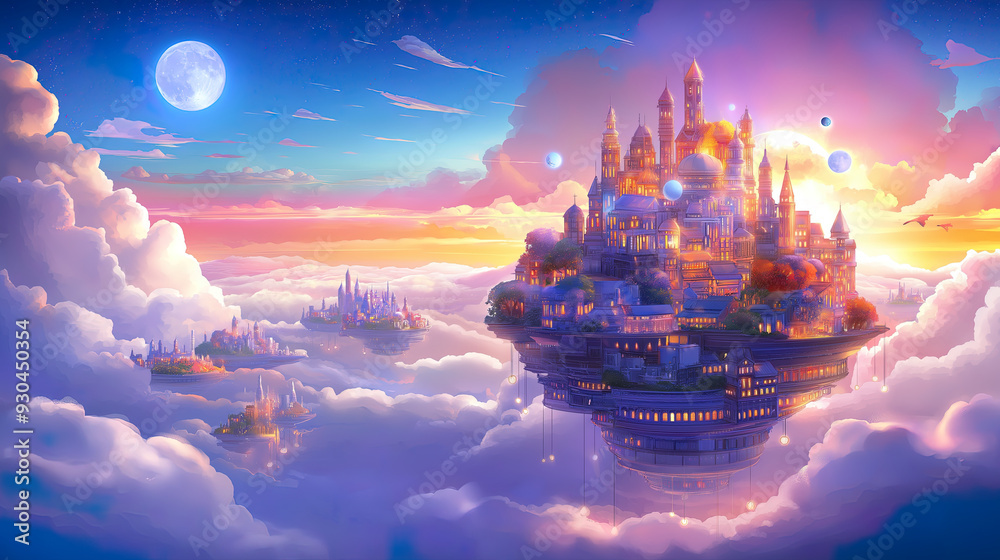 Wall mural dreamy illustration, a futuristic city floating in whimsical sky