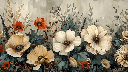 Seamless wildflower wallpaper featuring hand-drawn daisies, poppies, and lavender, vintage botanical style, soft pastel background, gentle shadows, natural lighting, hd quality, intricate details,