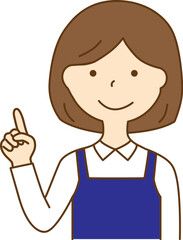 指を指すエプロンをつけた女性