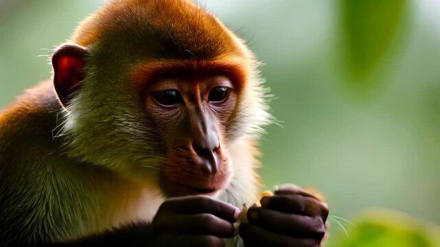 Capuchin monkey intensely inspecting an object with great curiosity