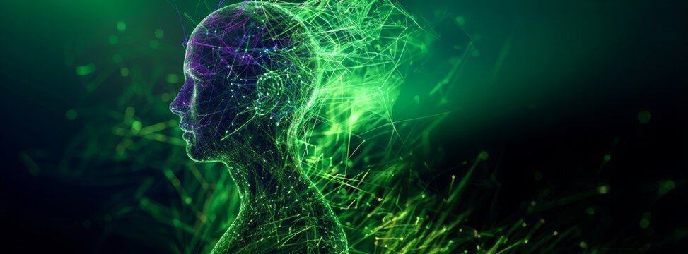 Digital Human Silhouette Made of Glowing Green Lines with Abstract Background