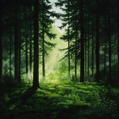 Obraz premium A serene forest scene with tall trees, soft light filtering through foliage, and lush undergrowth inviting exploration.