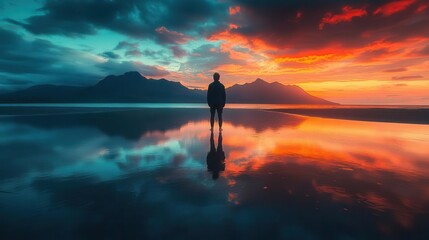 Silhouette of a man standing on a beach at sunset with mountains in the background.