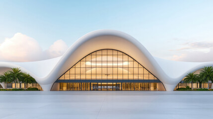 Obraz premium Modern architectural masterpiece, sweeping curves of white facade, expansive glass entrance, surrounded by lush greenery, bright sky, inviting and innovative design