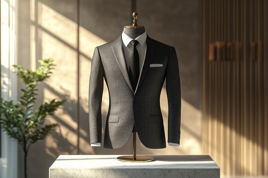 A high-quality 3D mockup of a sophisticated suit on a mannequin, placed on a clean, minimalist podium. The isolated background highlights the suit's design and quality, making it ideal for fashion