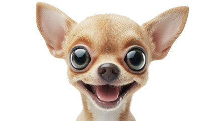 Realistic 3d render of a happy, furry and cute baby Chihuahua smiling with big eyes looking strainght