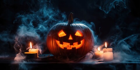 Obraz premium Spooky Halloween Pumpkin with Candles created by ai