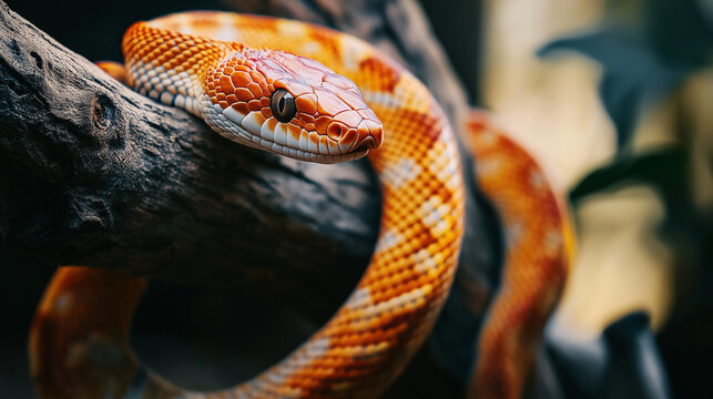 close up of a rattlesnake on tree
