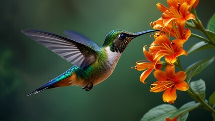 Fototapeta premium A hummingbird flits near a bright flower, illustrating the harmony between pollinators and blossoms in nature