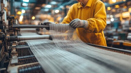 Naklejka premium A Worker in a textile factory checking the tension on a weaving machine, highlighting the precision in faric creation.