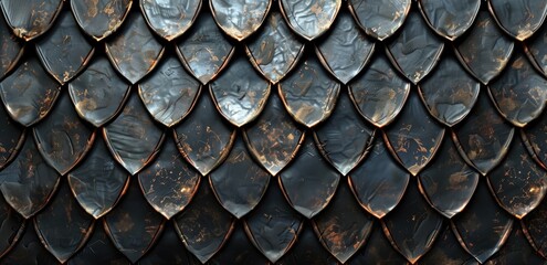 Close-up of weathered metallic dragon scales with rusty accents forming a textured pattern. Concepts of strength, resilience, and industrial aesthetics.