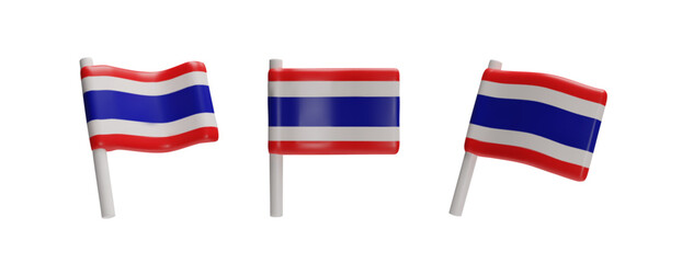 3d rendering set of thai patriotism flag. Three-dimensional vector Thailand emblem. Vector illustration. Realistic collection waving geography Asian country. Symbol of government for tourism.