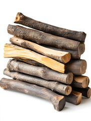 Stacked Assortment of Freshly Cut Wooden Logs on White Background