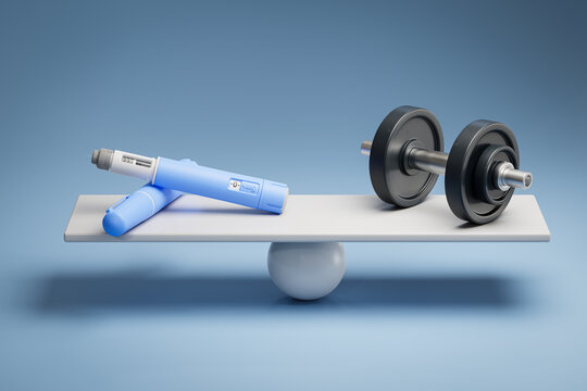Two dosing pens of a fictitious semaglutide drug (GLP-1) on a scale facing a dumbbell. Concept for alternative ways to loose weight.
