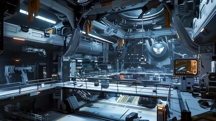 Futuristic Spaceship Interior with a Large Engine in the Center
