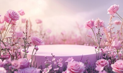 Podium background flower rose product pink 3d spring table beauty stand display nature white. Garden rose floral summer background podium cosmetic valentine easter field scene gift purple day romantic