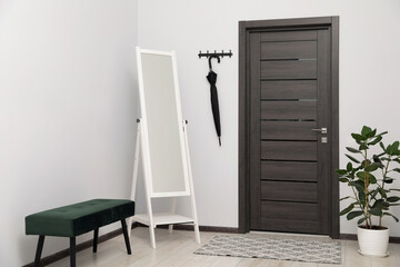 Mirror, bench and houseplant in hallway. Interior design