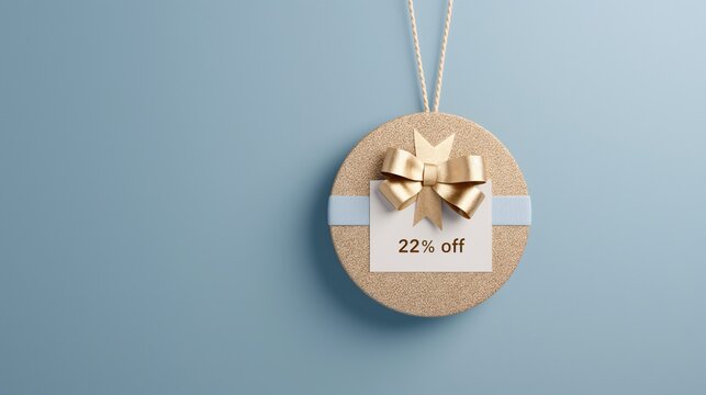 Gift Tag 22% Off: A simple yet elegant gift tag with a gold bow and 22% off label hanging on a string against a soft blue background, perfect for showcasing sales and promotions. 