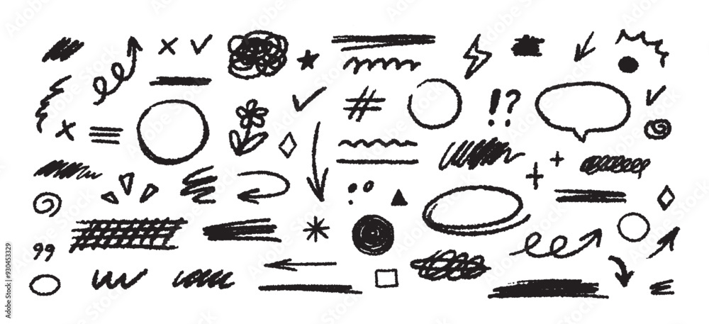 Poster collection of hand drawn simple decorative elements. doodle shapes and squiggles in grunge style.