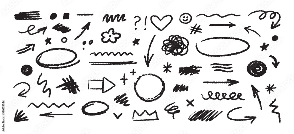 Aufkleber collection of hand drawn simple decorative elements. doodle shapes and squiggles in grunge style.