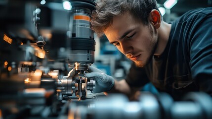 A Worker inspecting a component on a CNC machine, focusing on quality control in automated manufacturing.