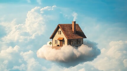 A charming cottage resting on a white cloud, drifting peacefully against a bright blue sky with soft, distant clouds.