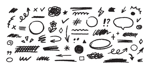 Collection of hand drawn simple decorative elements. Doodle shapes and squiggles in grunge style.