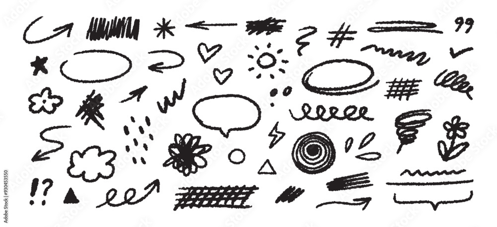 Poster collection of hand drawn simple decorative elements. doodle shapes and squiggles in grunge style.