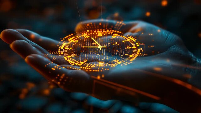 Digital Clock Management in Hand: Futuristic Time Planning for Business Efficiency and Timekeeping Concept with Data Visualization