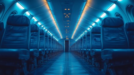 Obraz premium A tranquil and empty airplane cabin with rows of seats bathed in a soothing blue light.
