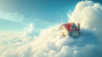 A cozy, dreamlike house on a white cloud, floating high above, with a blue sky and sunlight filtering through the clouds.