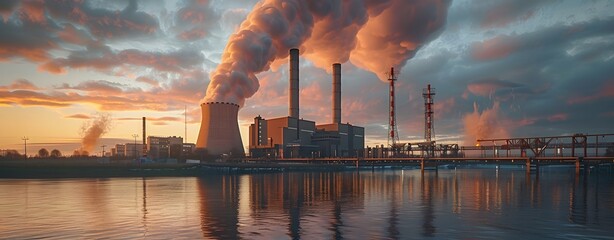 Industrial Sunset with Smoke Stacks and Factory